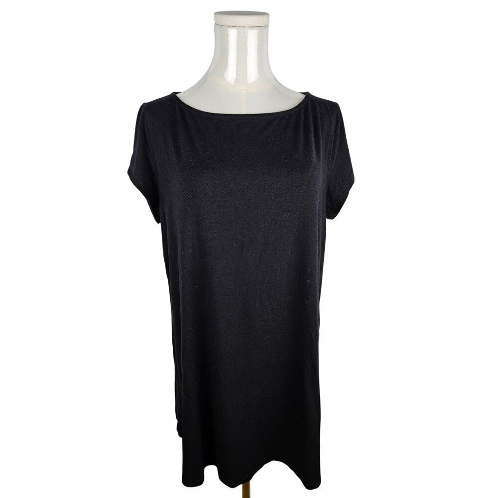 Eileen‎ Fisher Size Large Tunic Top Black Side Vent Short Sleeve Old Money
